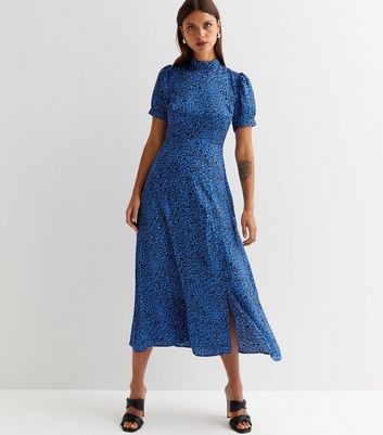 Gini London Blue Leopard Print High Neck Tie Back Midi Dress | New Look