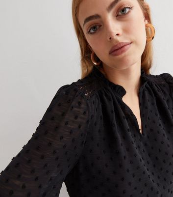 Gini London Black Spot Chiffon Long Puff Sleeve Blouse | New Look