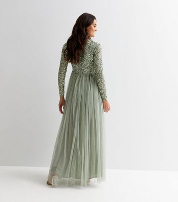 Maya embellished tulle sleeve maxi tulle dress hotsell in green