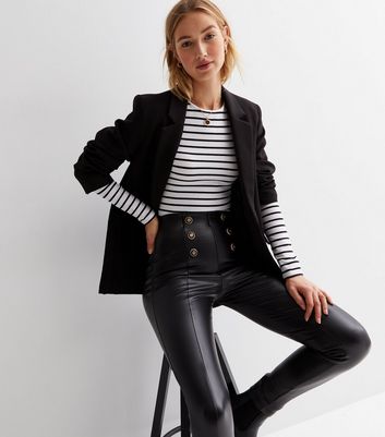 Black Leather-Look Military Button Leggings