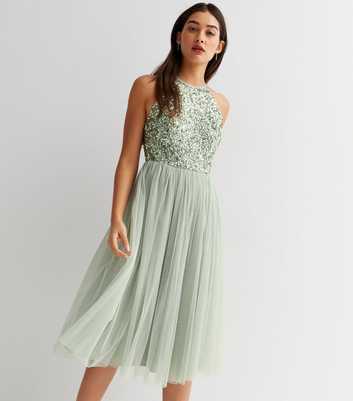 Maya Light Green Sequin Halter Midi Dress