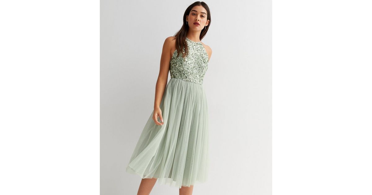 Enchanting Light Green Textured Halter Dress