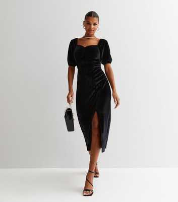 Gini London Black Velvet Sweetheart Short Puff Sleeve Midi Dress