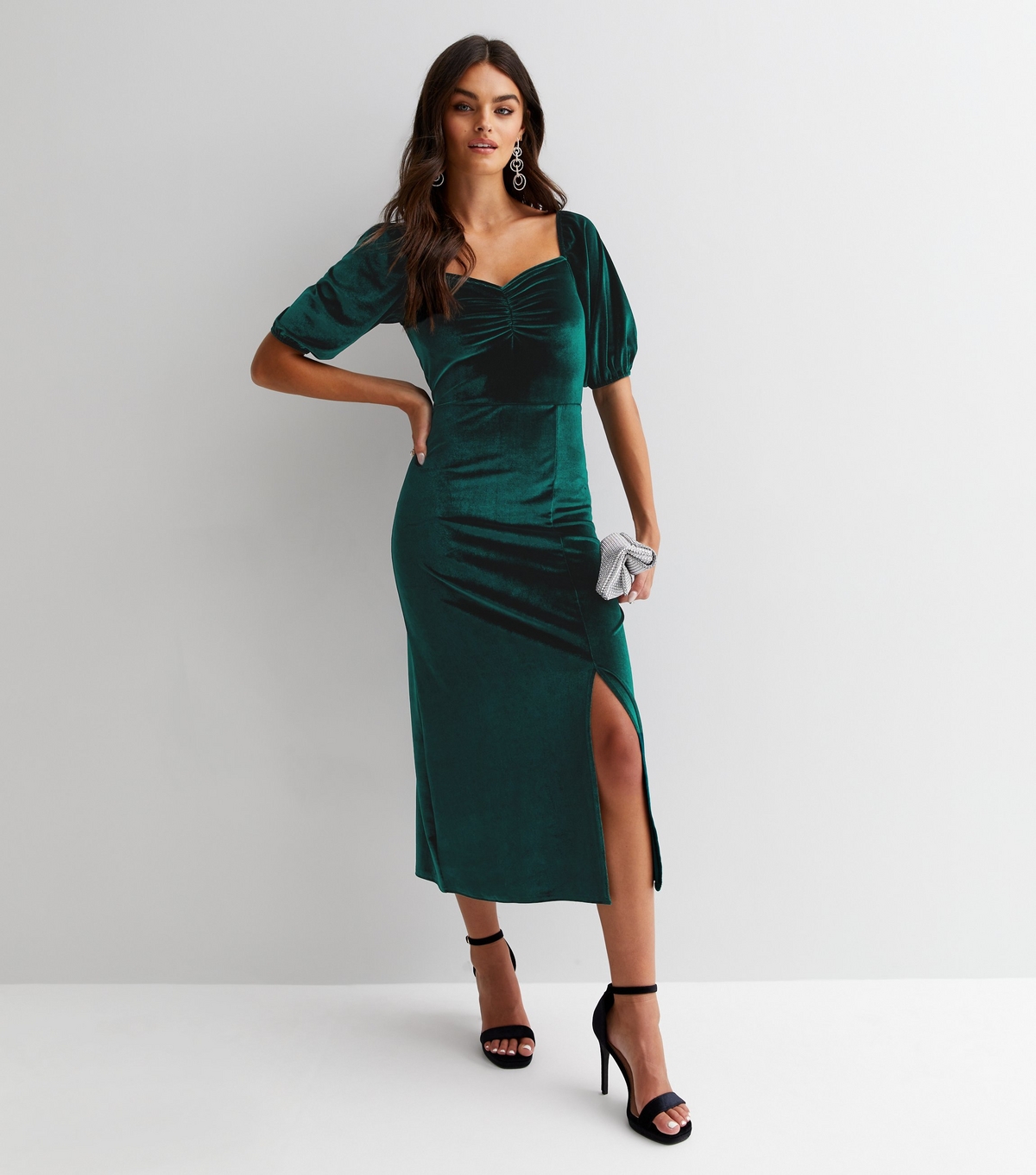 Women's Green Velvet Sweetheart Short Puff Sleeve Midi Dress Gini London New Look