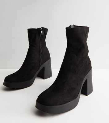 Black Suedette Block Heel Stretch Sock Boots