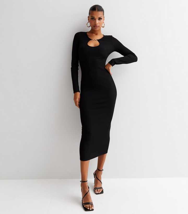 black bodycon dress long sleeve knee length Black Knee Length Long Sleeve Bodycon Dress Black Bodycon Dress Outfit  Black Ribbed Jersey Long Sleeve Chain