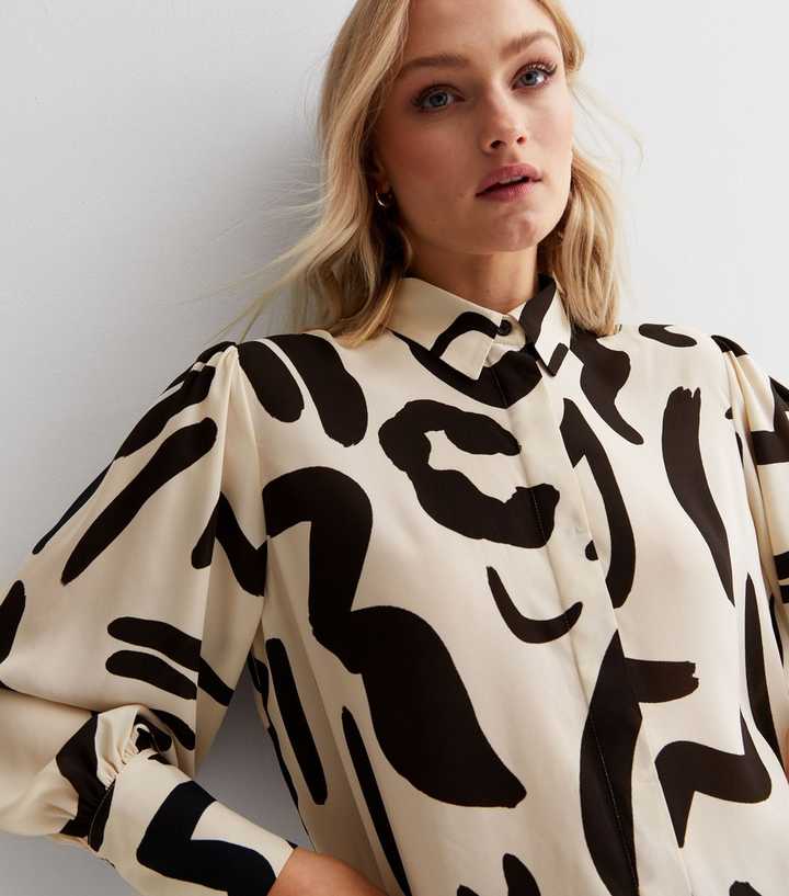 Off White Abstract Print Collared Long Sleeve Long Hem Shirt