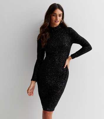 Gini London Black Sequin High Neck Long Sleeve Mini Bodycon Dress