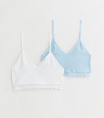 Girls 2 Pack Blue and White Lace Trim Crop Tops New Look