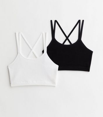 Girls 2 Pack Black and White Ribbed Seamless Crop Tops New Look
