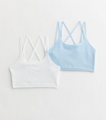 Girls 2 Pack Pale Blue and White Ribbed Seamless Crop Tops