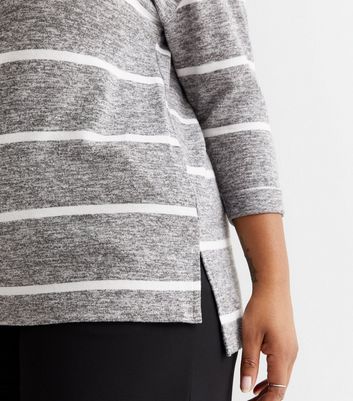 Curves Grey Stripe Fine Knit Split Hem Top New Look