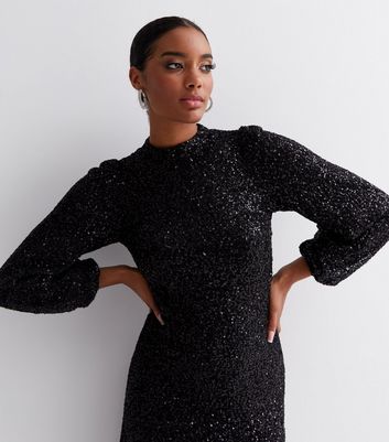 Gini London Black Sequin Long Sleeve Midaxi Dress New Look