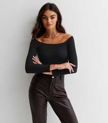 Black Ribbed Jersey Bardot Thong Bodysuit