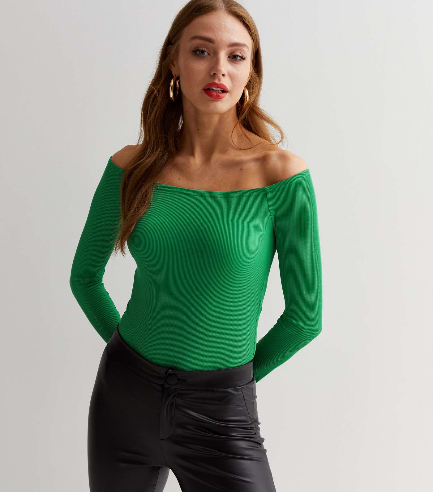 Green Ribbed Jersey Bardot Thong Bodysuit Image 3
