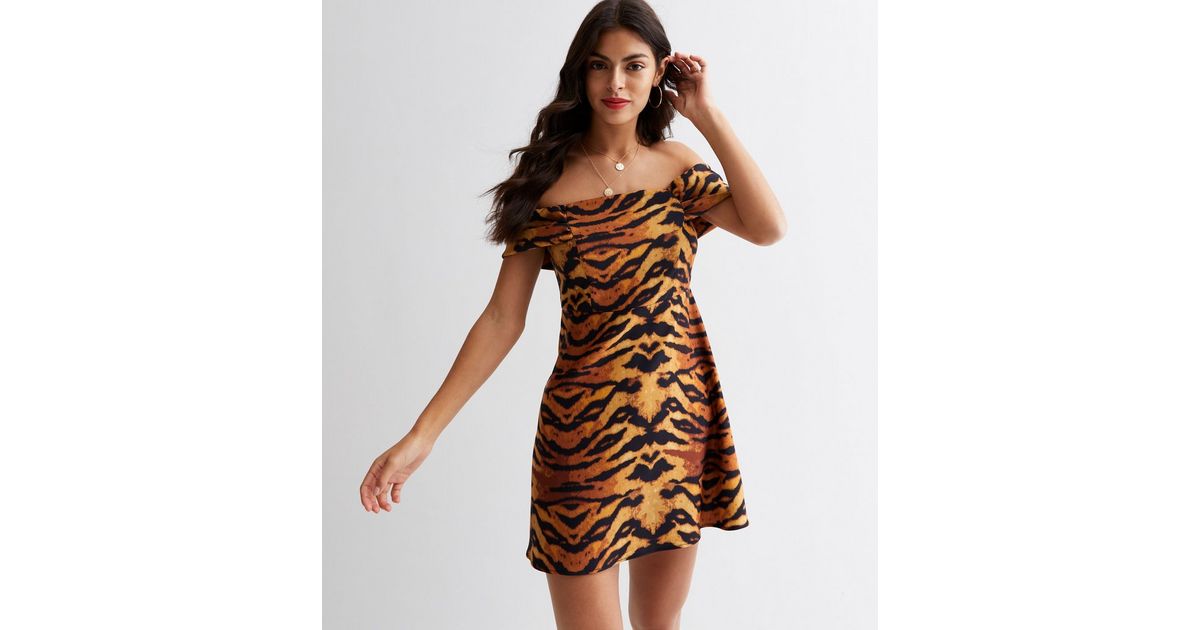 Brown Animal Print Bardot Mini Dress New Look