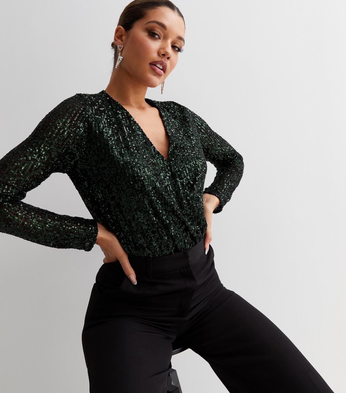 Women's Green Sequin Long Sleeve Wrap Bodysuit Gini London New Look