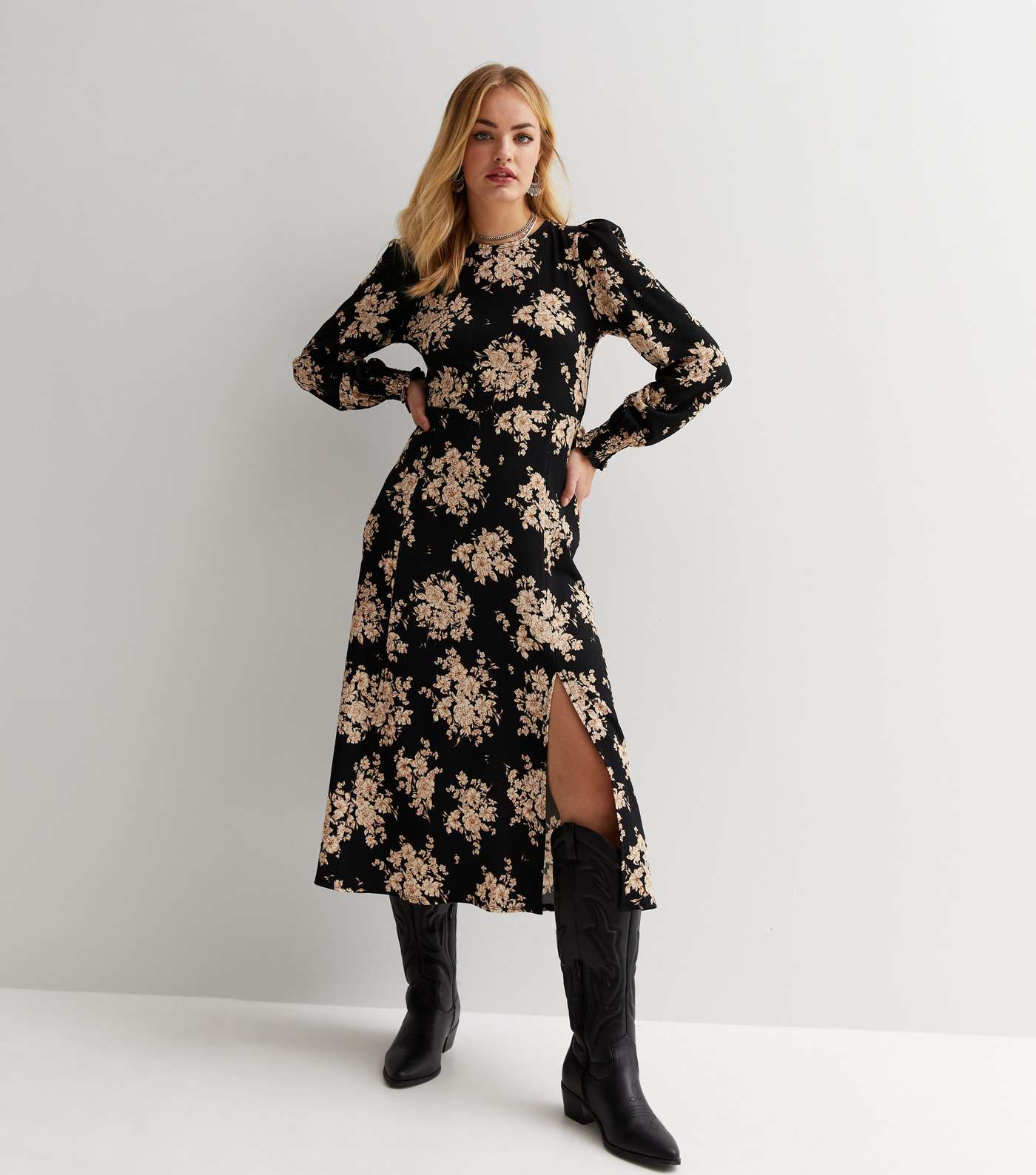 Black Floral Crinkle Long Sleeve Split Hem Midi Dress Image 2