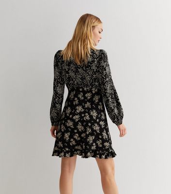 Black Mixed Floral Crinkle Long Sleeve 