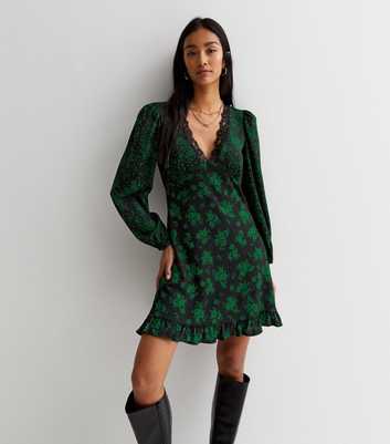 Dark Green Floral Lace Detail Long Sleeve Mini Dress