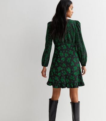 Dark Green Floral Lace Detail Long Sleeve Mini Dress New Look