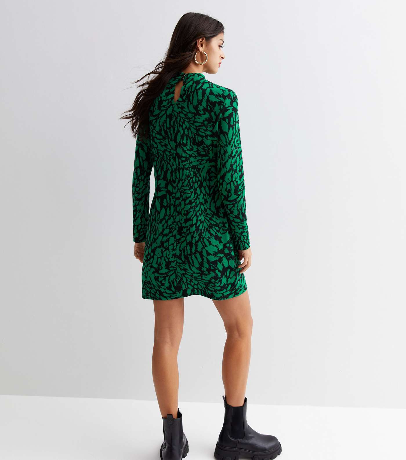 Green Animal Print Jacquard High Neck Mini Tunic Dress Image 4