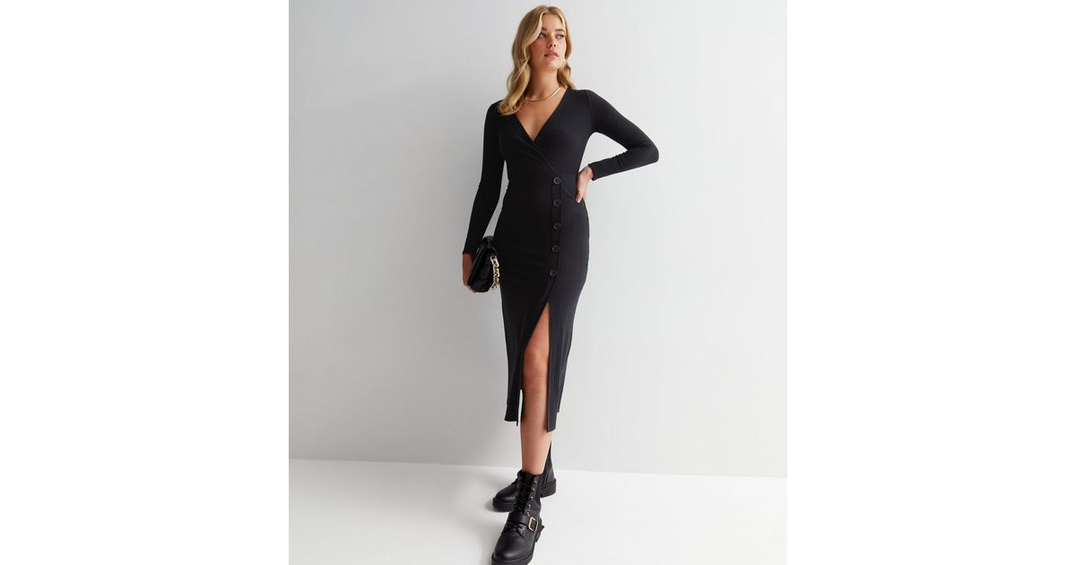 Black Ribbed Jersey Long Sleeve Button Side Midi Wrap Dress | New Look
