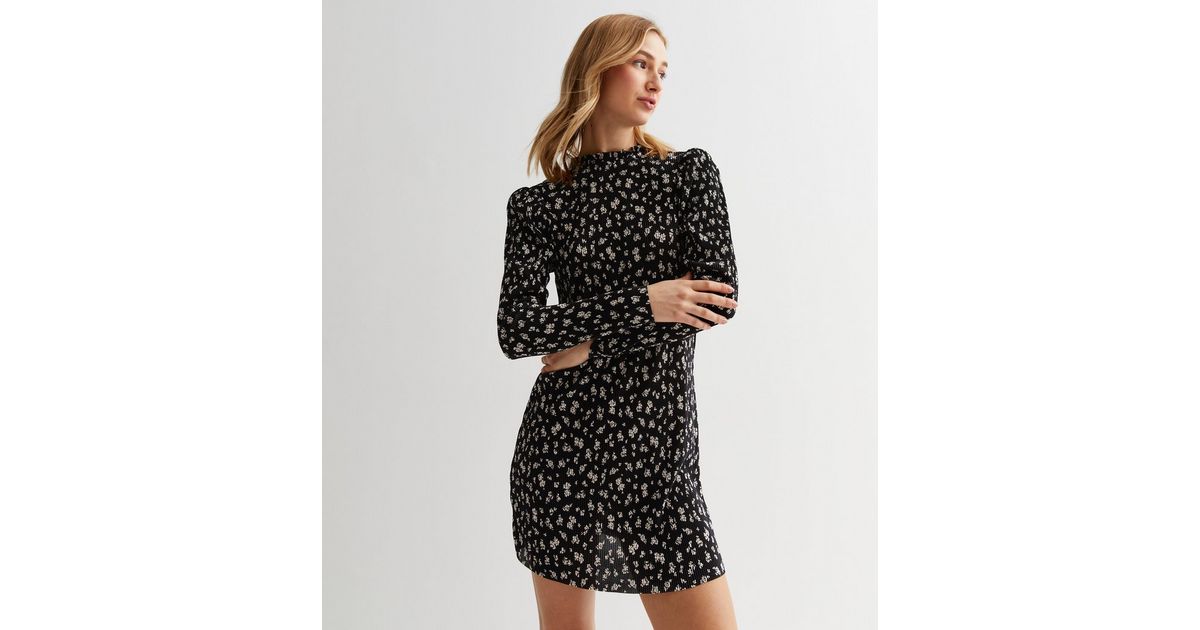 Black Ditsy Floral Plissé High Neck Long Sleeve Mini Dress New Look 