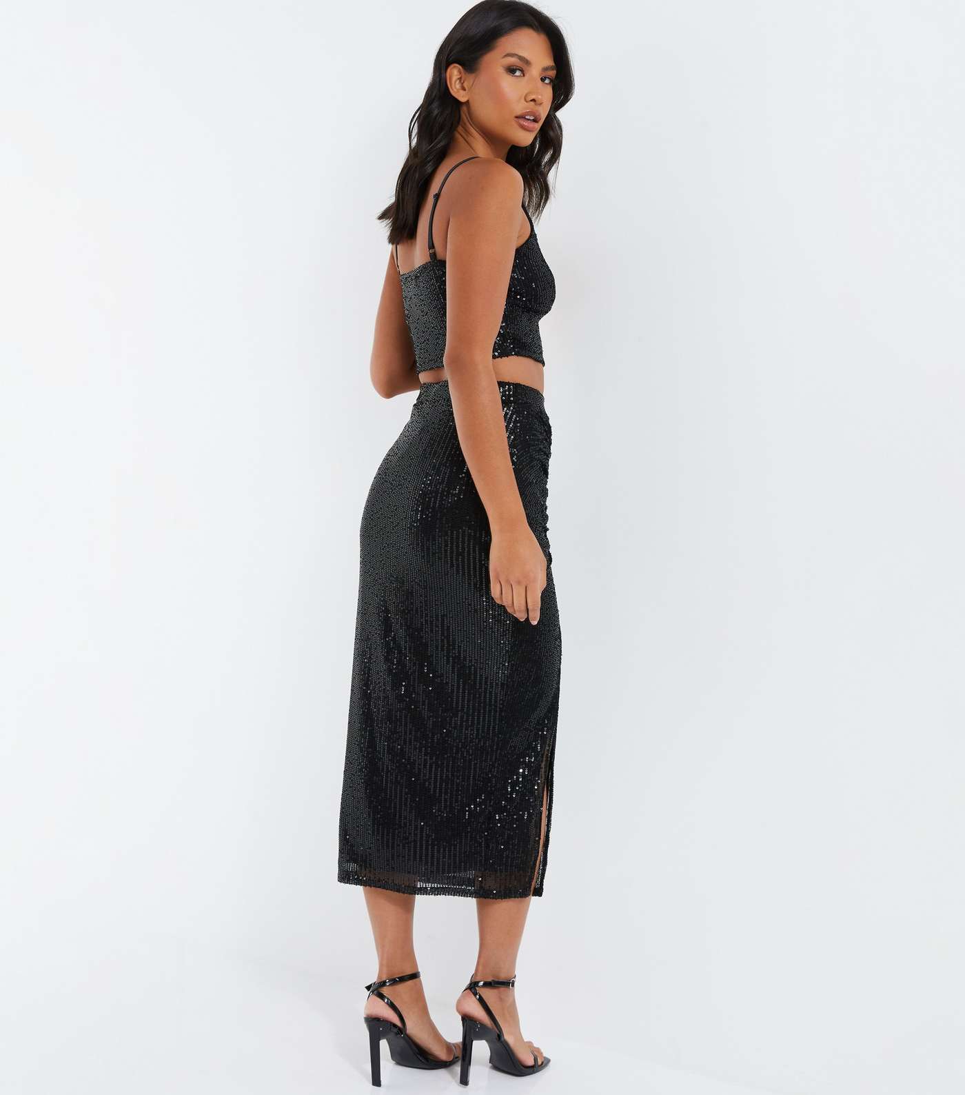 QUIZ Black Sequin High Waist Split Hem Midi Skirt Image 3