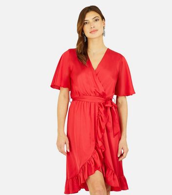 Wrap over satin frill dress hotsell