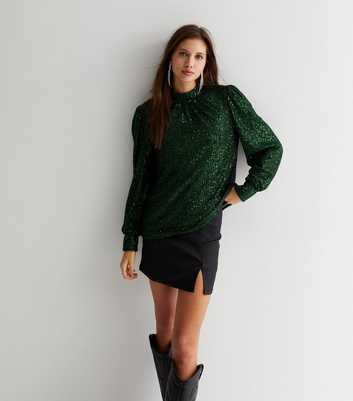Gini London Green Sequin High Neck Long Sleeve Blouse