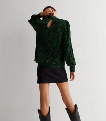 Gini London Green Sequin High Neck Long Sleeve Blouse New Look