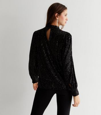 Gini London Black Sequin High Neck Long Sleeve Blouse New Look