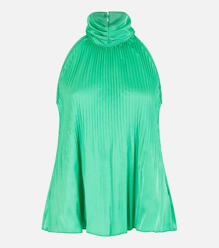 Mela Green Pleated Long Sleeve Top With High Neck