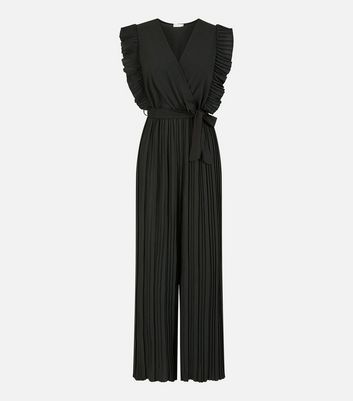 Mela Black Pleated Frill Wide Leg Wrap Jumpsuit New Look