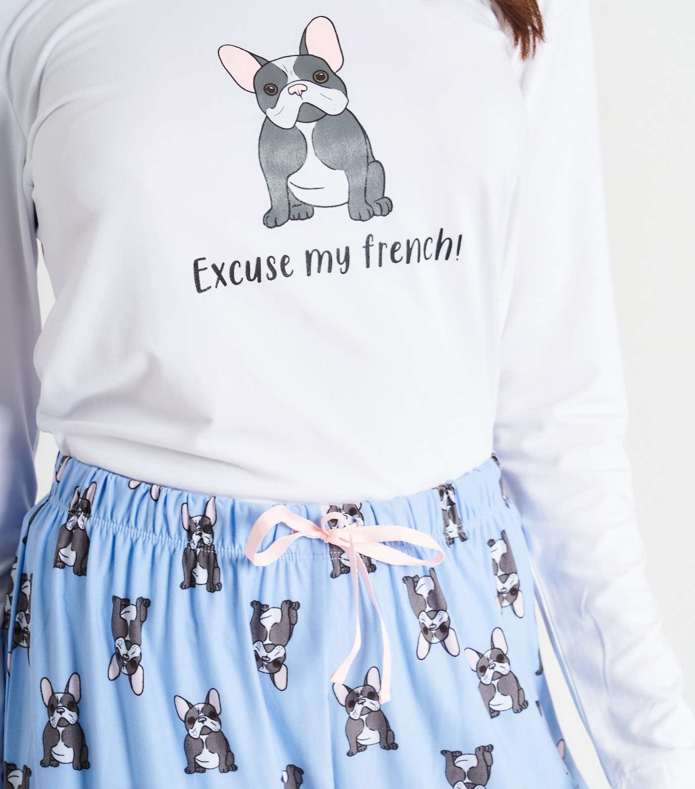 Loungeable Pale Blue Trouser Pyjama Set with French Bulldog Print Image 2