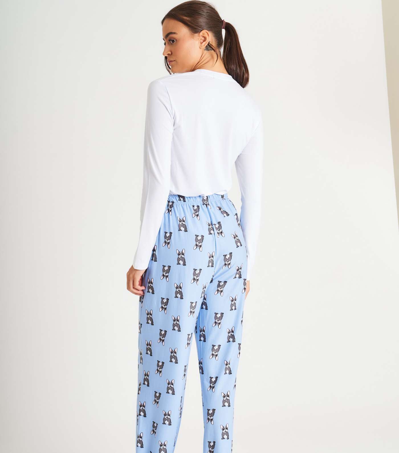 Loungeable Pale Blue Trouser Pyjama Set with French Bulldog Print Image 4