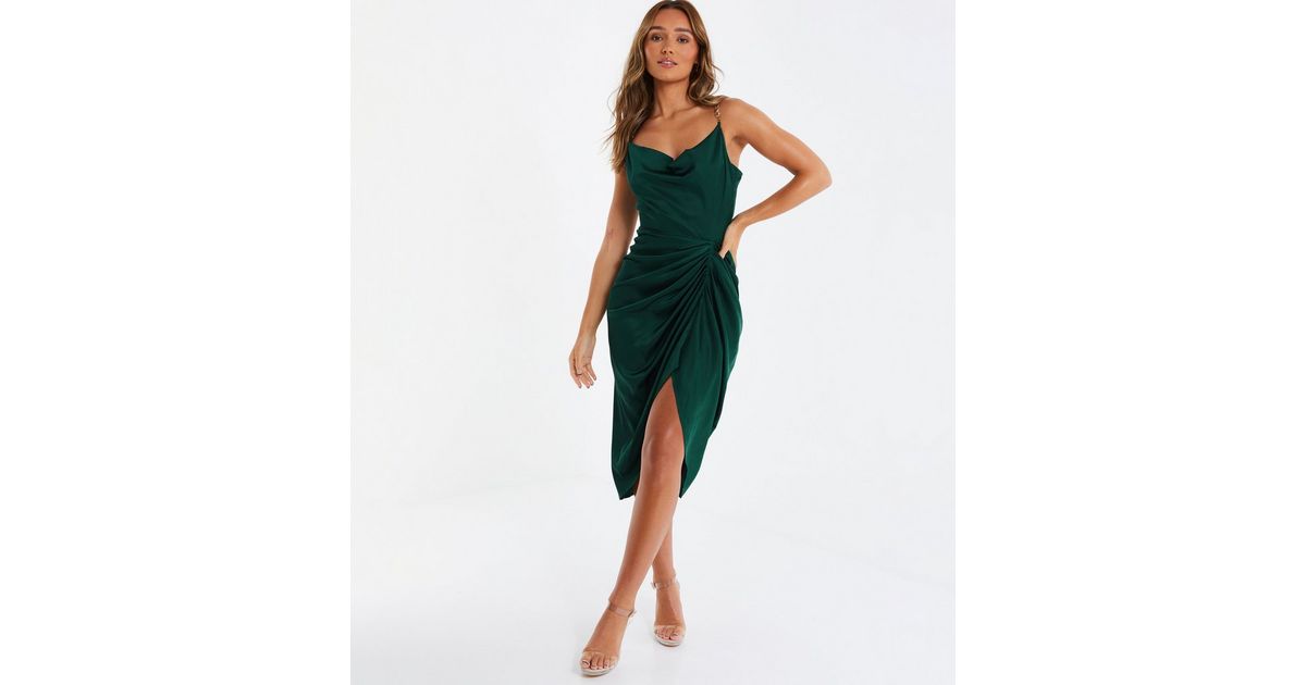QUIZ Dark Green Satin Chain Strap Midi Slip Dress New Look