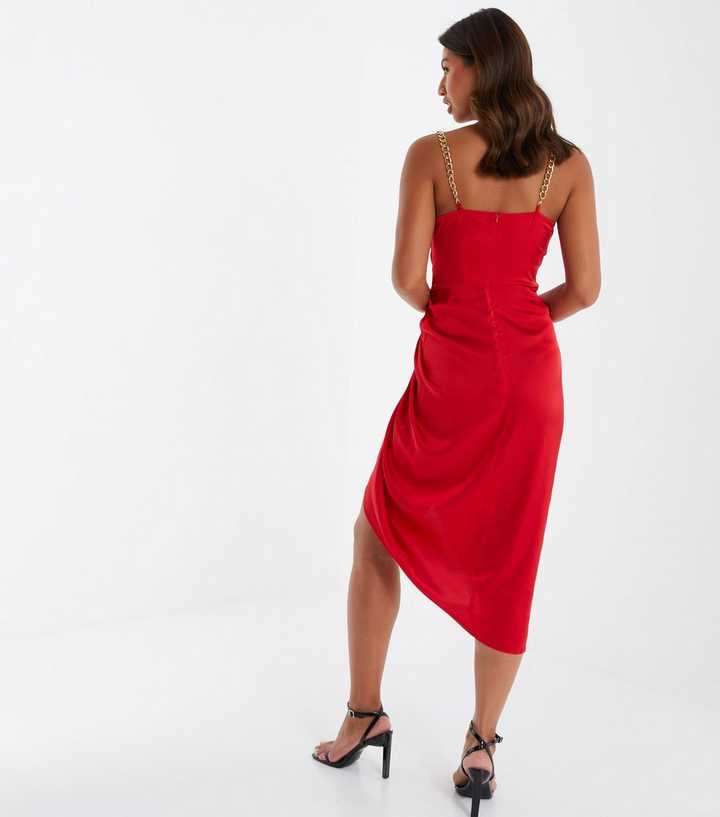 QUIZ Dark Red Satin Chain Strap Midi Slip Dress | New Look