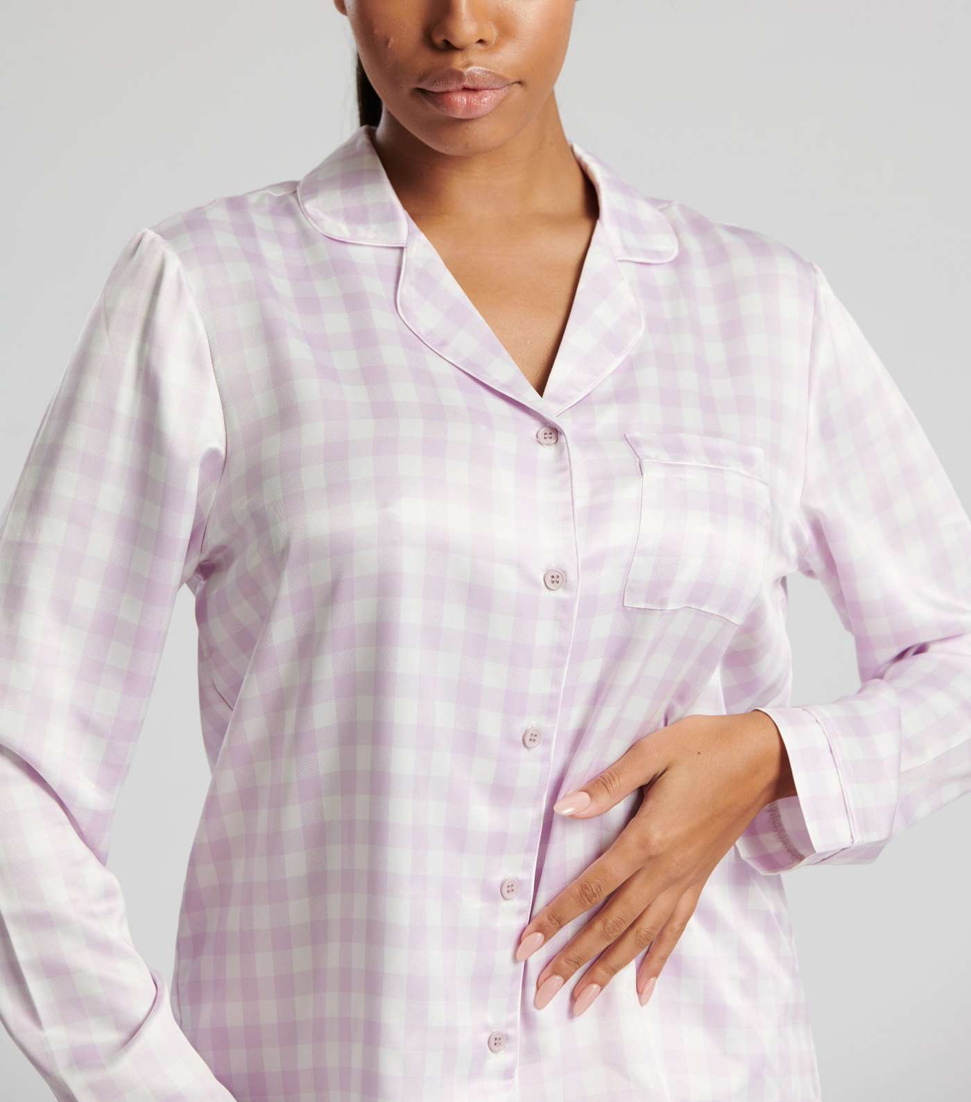 Loungeable Lilac Satin Pyjama Set with Gingham Print Image 3