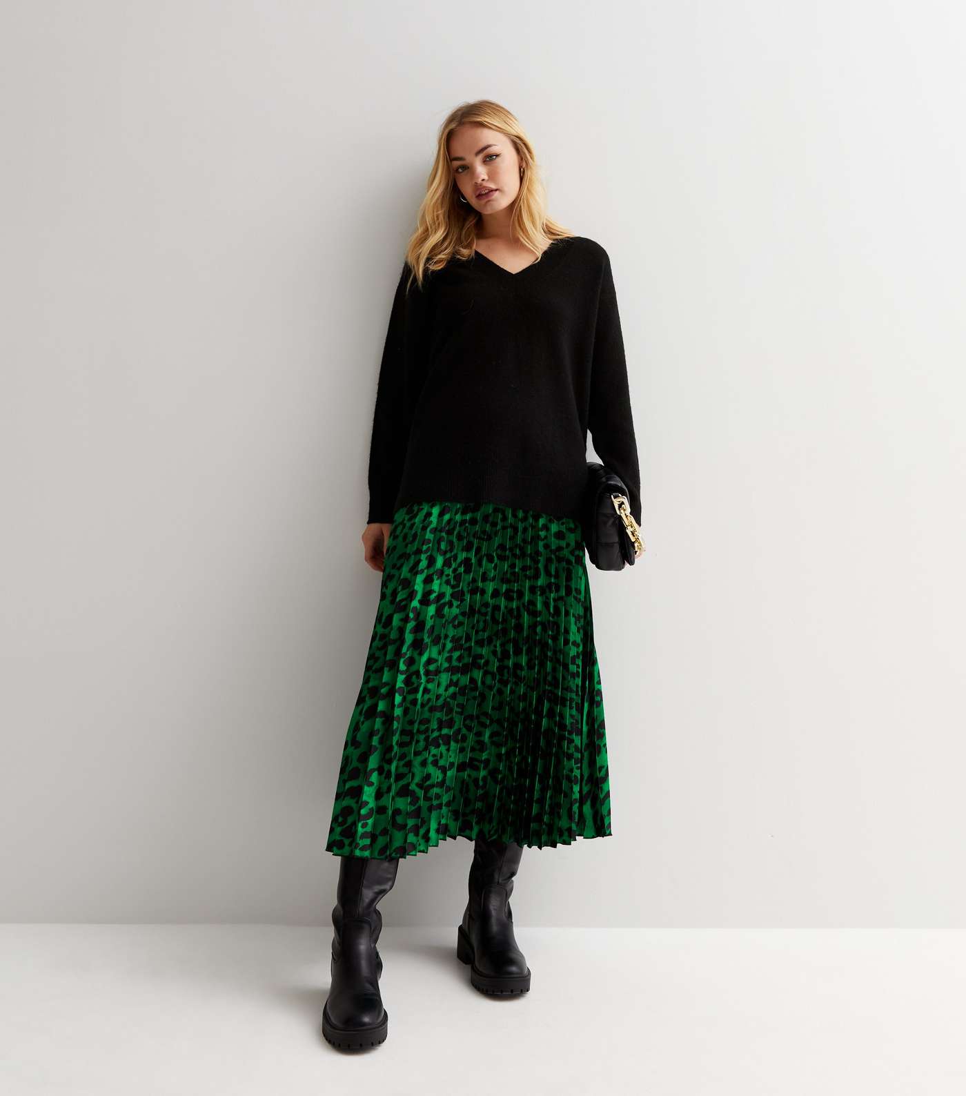 Green Animal Print Satin Pleated Midi Skirt