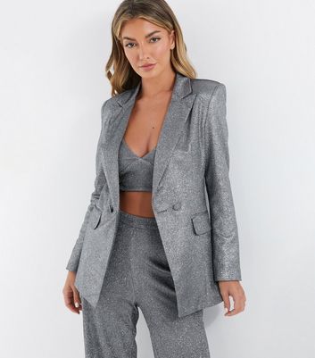 QUIZ Dark Grey Glitter Tailored Blazer New Look