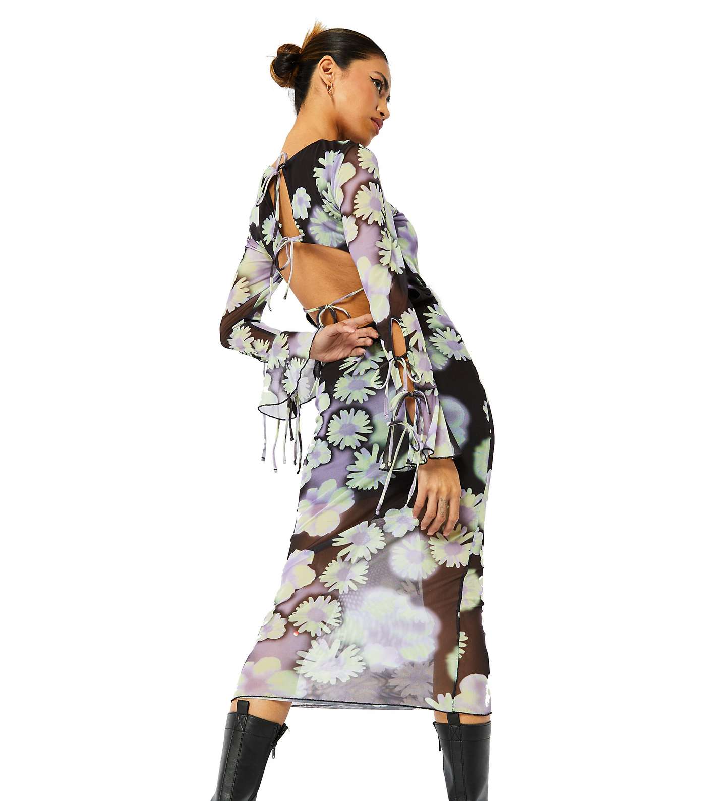 Skinnydip Lilac Floral Mesh Long Tie Sleeve Midi Dress Image 4