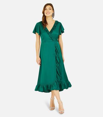 Yumi Dark Green Satin Short Flutter Sleeve Ruffle Midi Wrap Dress | New ...