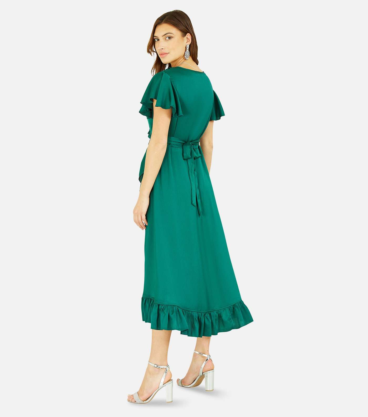 Yumi Dark Green Satin Short Flutter Sleeve Ruffle Midi Wrap Dress Image 3