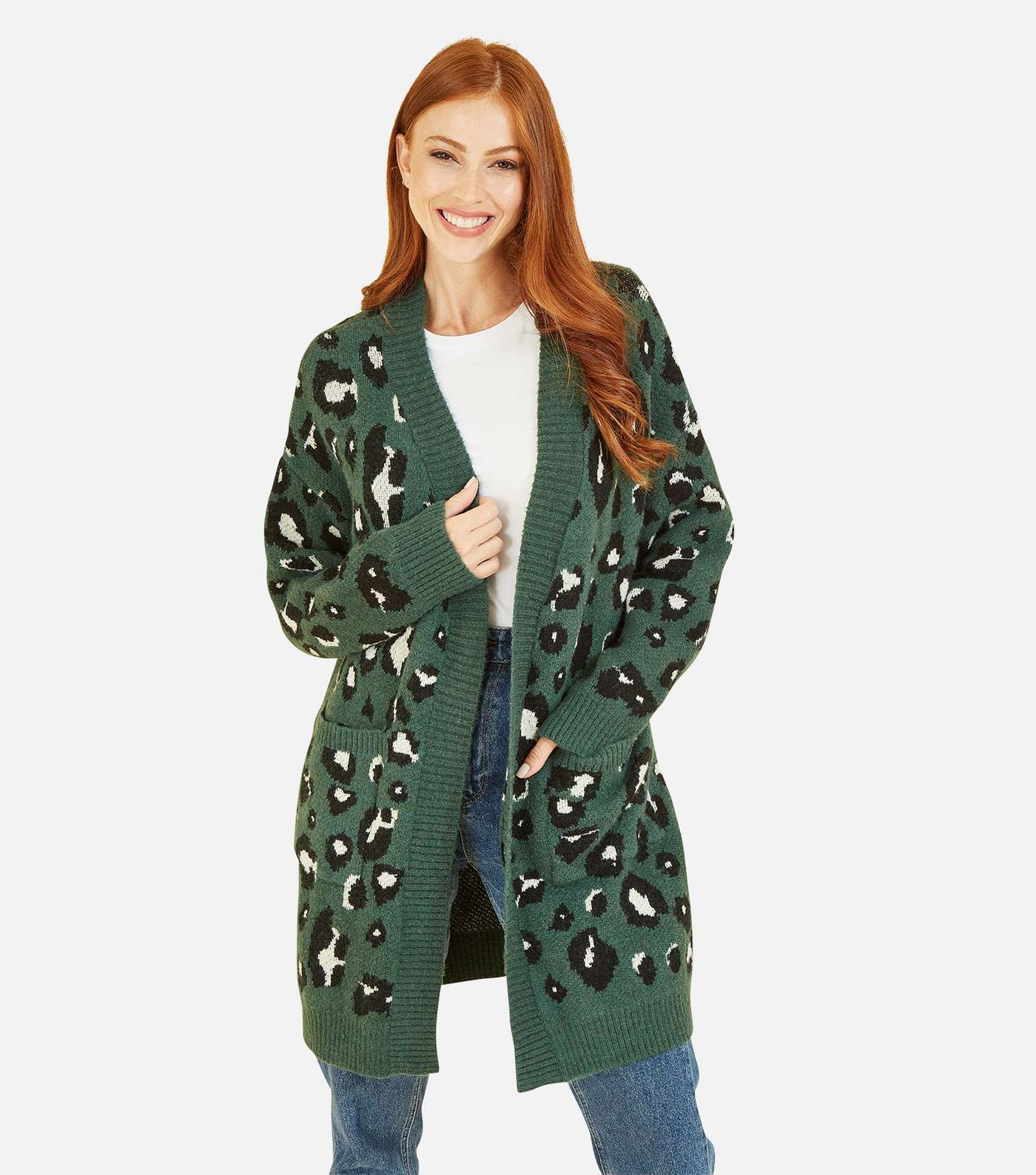 Yumi Green Leopard Print Knit Long Sleeve Pocket Front Cardigan