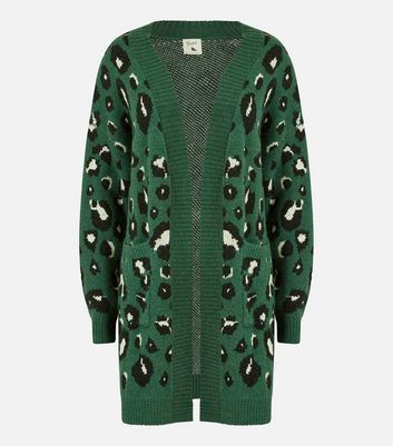 Yumi Green Leopard Print Knit Long Sleeve Pocket Front Cardigan