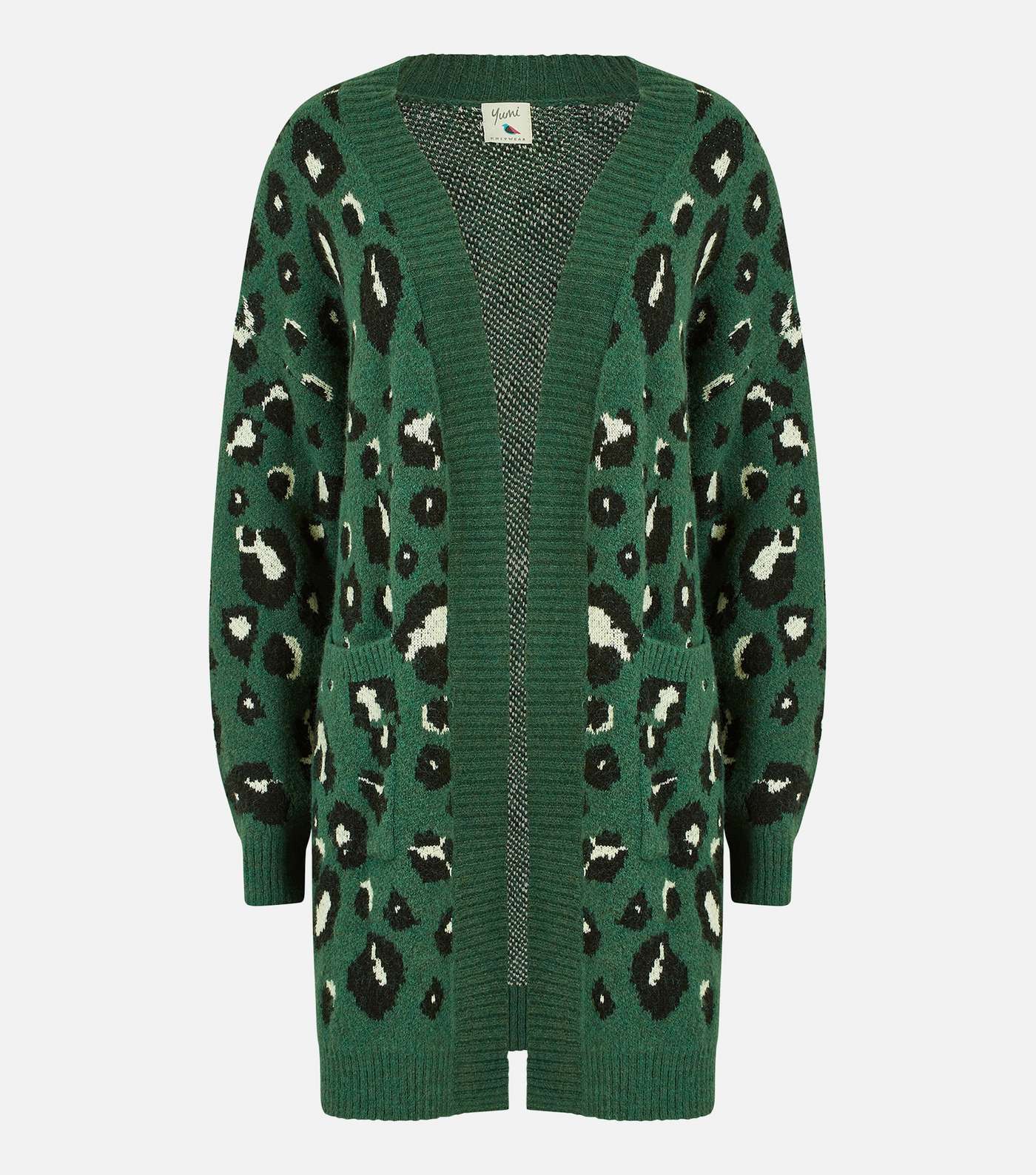 Yumi Green Leopard Print Knit Long Sleeve Pocket Front Cardigan Image 5