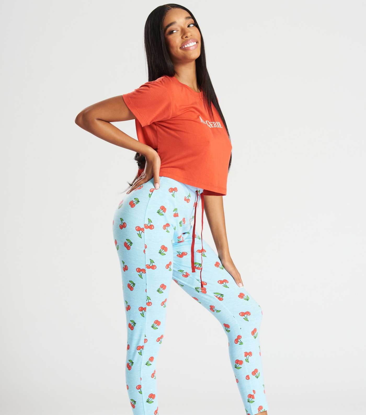 Loungeable Red Legging Pyjama Set with Cherry Print Image 3