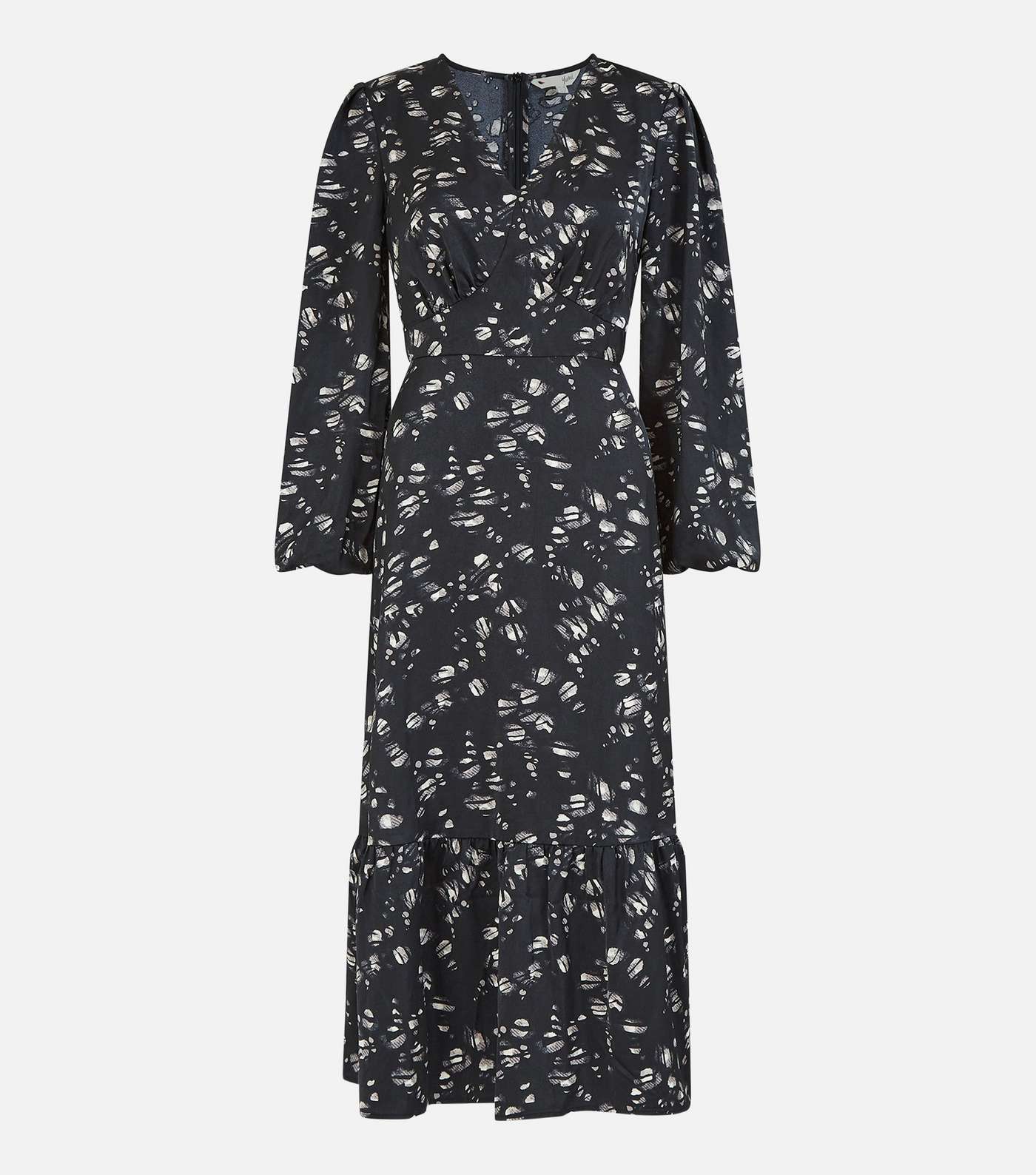 Yumi Black Abstract V Neck Long Sleeve Midi Dress Image 6
